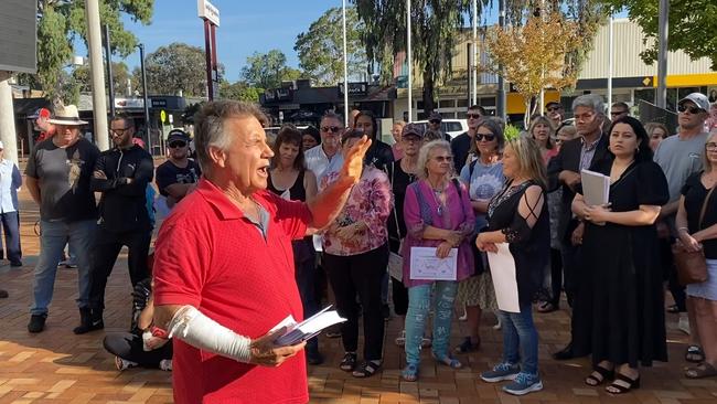 Apparent ‘smart cities’ protest organiser Grant Harrison speaks as councillor Grace Bawden watches on. Picture: Brinley Duggan