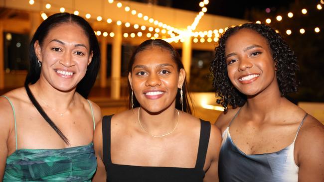 Pauline Piliae-Rasabale, Savannah Roberts-Hickling and Phoenix-Raine Hippi at the Gold Coast Titans NRLW 2025 Season Launch at Isoletto The Star Gold Coast. Picture, Portia Large.