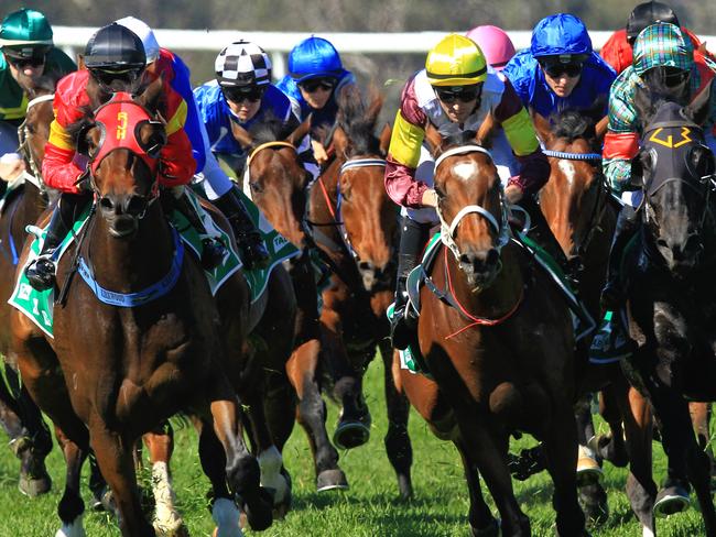 Loving home ridden by Tye Angland  (yellow cap, maroon with yellow armbands) wins race 1 during Scone  Races located in the Upper Hunter Region of NSW. The Bend . Pic Jenny Evans