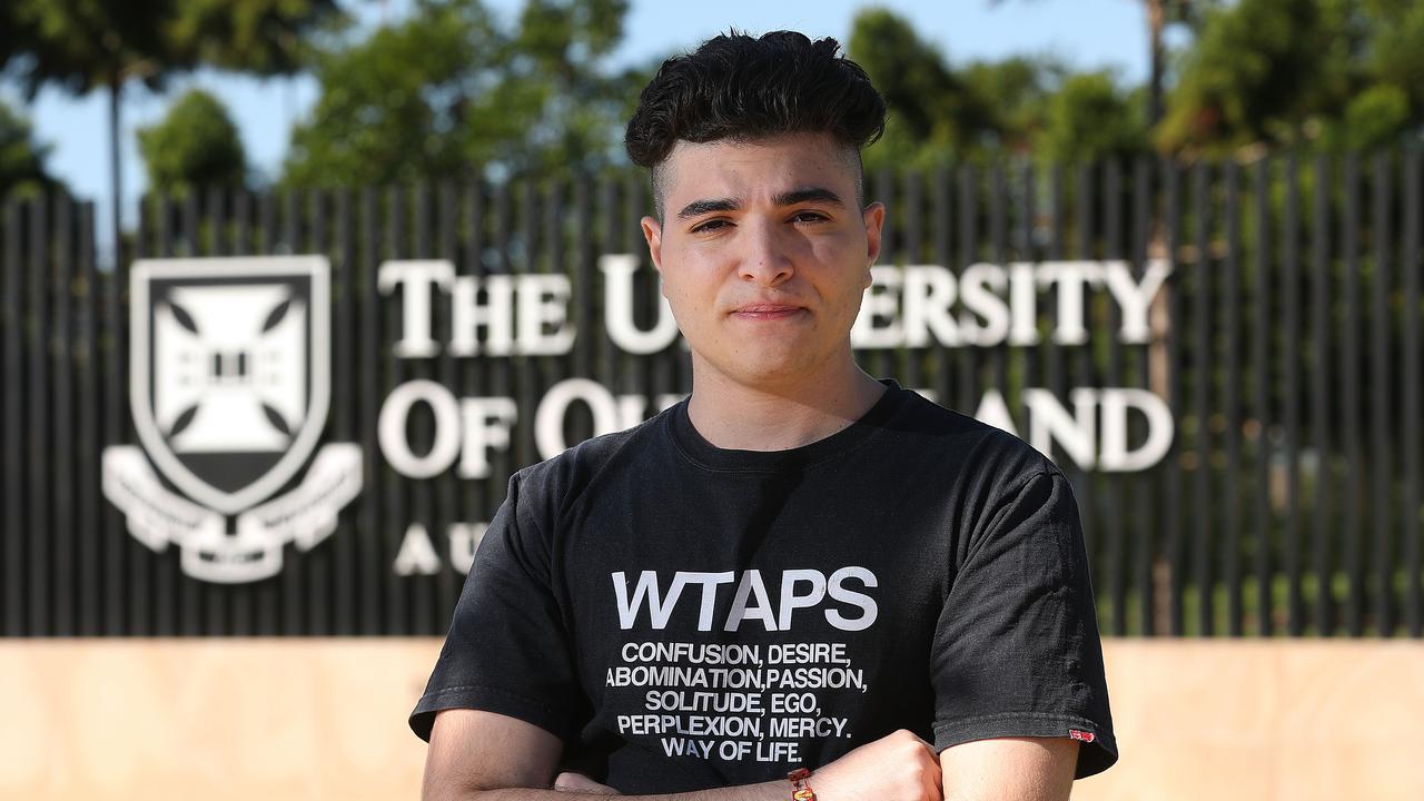 Drew Pavlou outside the University of Queensland, which he has launched a $3.5 million case against for alleged breach of contract and defamation. Picture: Lyndon Mechielsen.