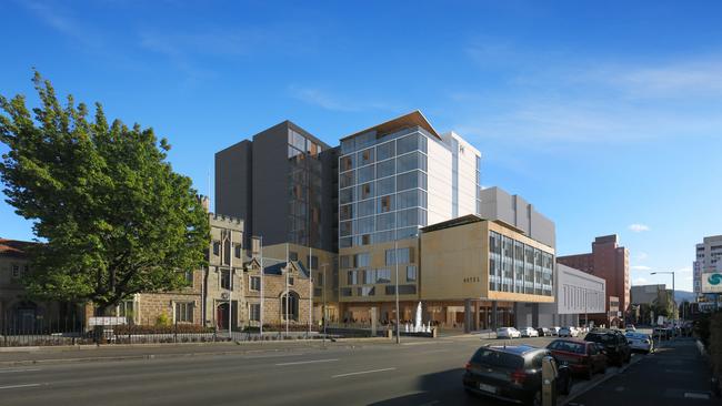 An artist’s impressio of the hotel complex first proposed for 179 Macquarie St, Hobart.