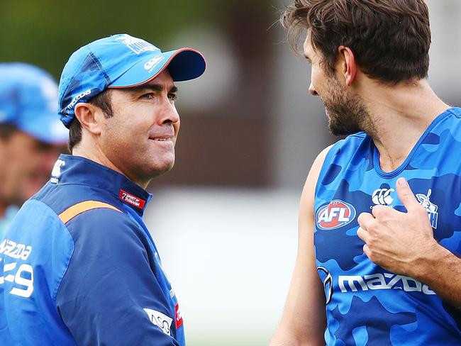 MELBOURNE, AUSTRALIA - MAY 24:  Kangaroos head coach Brad Scott reacts to Jarrad Waite of the Kangaroos during the North Melbourne Kangaroos AFL training session at Arden Street Ground on May 24, 2018 in Melbourne, Australia.  (Photo by Michael Dodge/Getty Images)