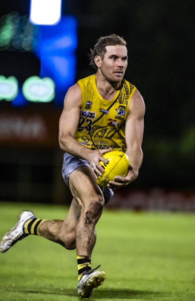 Brodie Filo racing downfield for the Nightcliff Tigers in the 2023-24 NTFL season. Picture: Patch Clapp / AFLNT Media