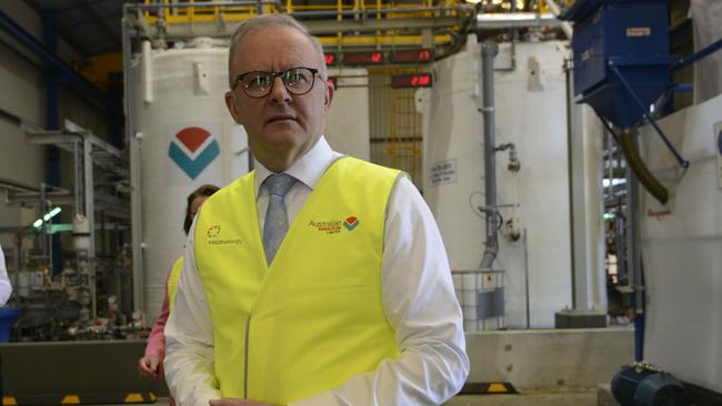 Prime Minister Anthony Albanese visits the Australian Vanadium Electrolyte Manufacturing facility. Australian manufacturing is the lowest in the OECD as a share of the economy. Picture: NewsWire / Sharon Smith