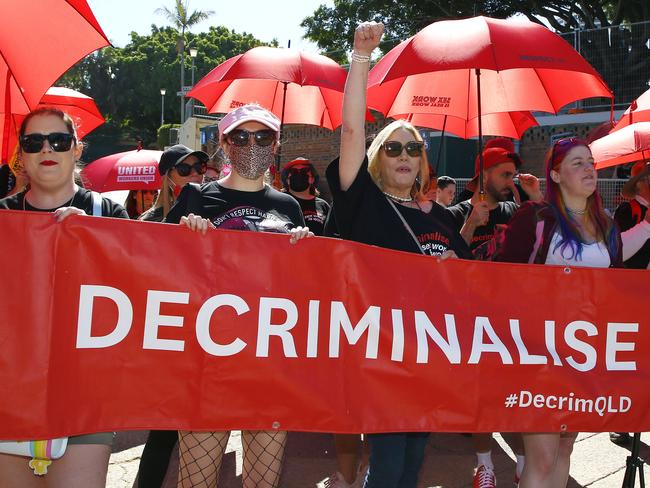 Sex workers protest during the Labour Day march in Brisbane. Picture: NCA NewsWire