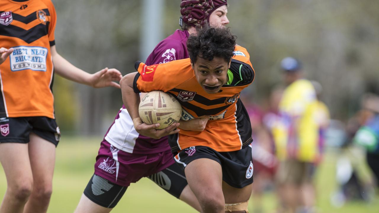 Joseph Litidamu in action for Southern Suburbs against Dalby in the 2021 Toowoomba Junior Rugby League season. Picture: Kevin Farmer