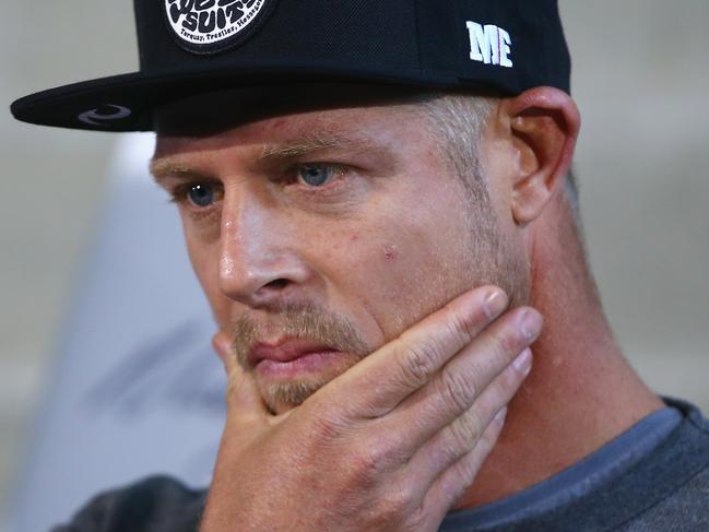 SYDNEY, AUSTRALIA - JULY 21: Australian surfer Mick Fanning waits to speak to the media during a press conference at All Sorts Sports Factory on July 21, 2015 in Sydney, Australia. Fanning escaped a shark attack in Jeffreys Bay, South Africa during the 2015 J-Bay Open. (Photo by Mark Kolbe/Getty Images)