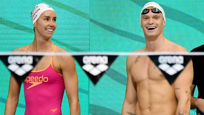 Emma McKeon and Cody Simpson during a training session ahead of the 2021 Australian National Olympic Swimming Trials in Adelaide. Picture: Mark Brake/Getty Images