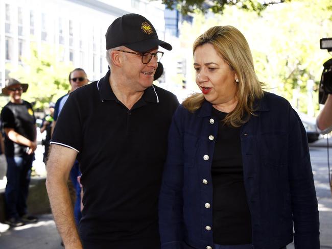 BRISBANE, AUSTRALIA - NewsWire Photos MAY 1, 2023: Queensland Premier Annastacia Palaszczuk and Prime Minister Anthony Albanese during the Labor Day march in Brisbane. Picture: NCA NewsWire/Tertius Pickard