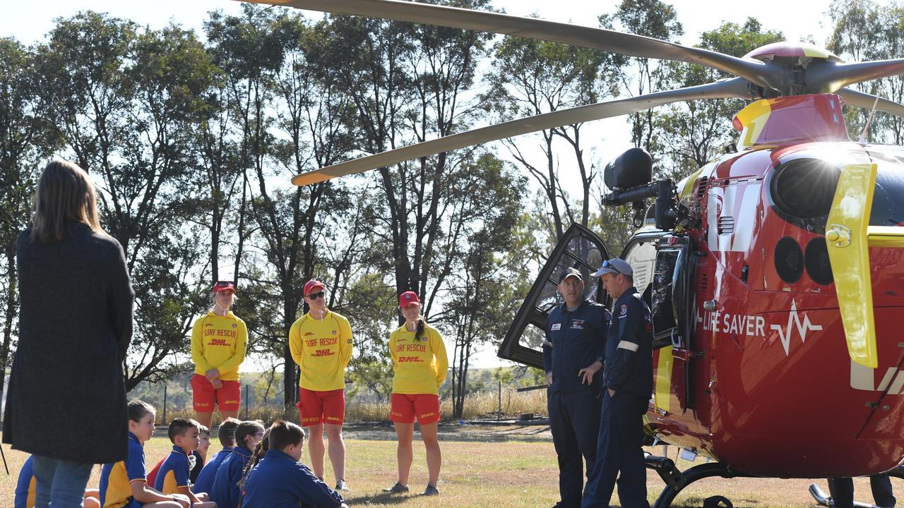 SLSQ Westpac helicopter staff talk with Mount Whitestone State School students for Beach to Bush 2020. PHOTO: ALI KUCHEL