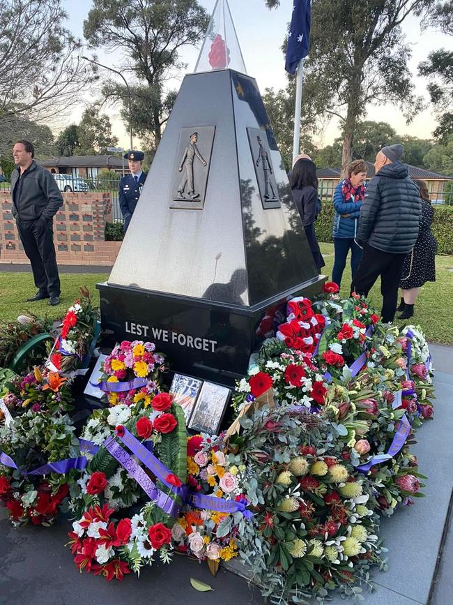 Ingleburn Anzac Memorial with colourful fresh wreaths from the wreath-laying ceremony. Picture: Facebook