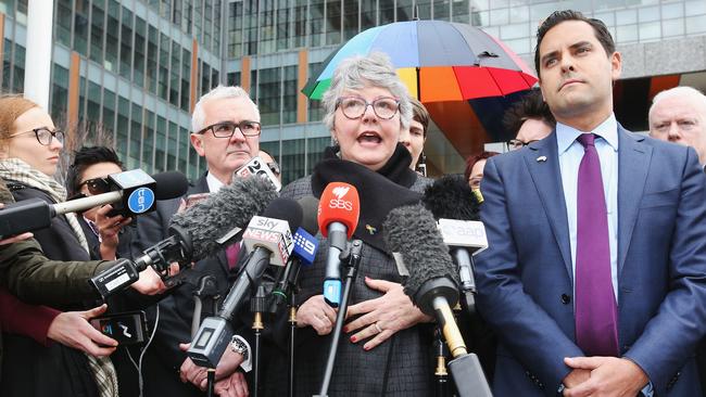 Marriage equality advocate Shelley Argent OAM looks emotional as she speaks to media after the High Court delivered their n favour of having a same sex marriage postal vote on September 7, 2017 in Melbourne, Australia. Picture: Michael Dodge/Getty Images