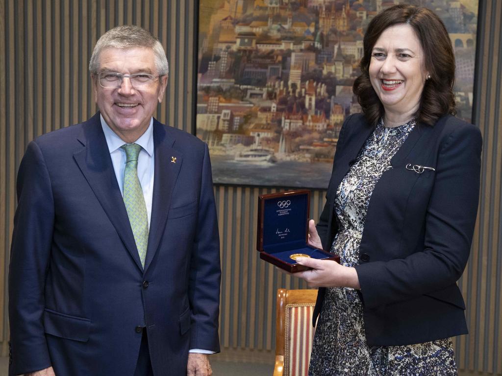 IOC president Thomas Bach with Premier Annastacia Palaszczuk at Olympic headquarters in Lausanne, Switzerland for early talks on Queensland’s 2032 Games proposal. Pic: Greg Martin/IOC