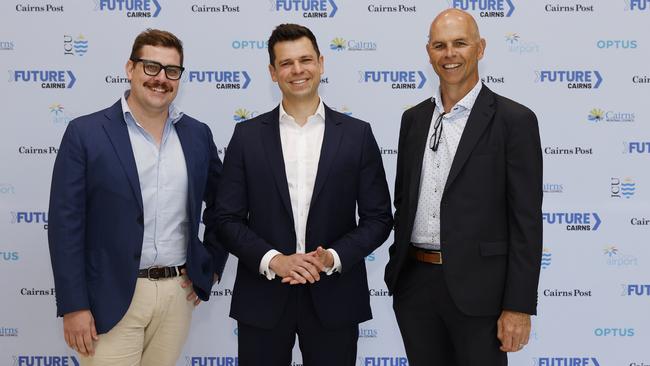 Cairns Regional Concil's Director of Planning, Growth &amp; Sustainability Ed Johnson, Director and co-founder of The Demographics Group Simon Kuestenmacher and Cairns Airport CEO Richard Barker at the Cairns Post's Future Cairns event, held at the Cairns Convention Centre. Picture: Brendan Radke