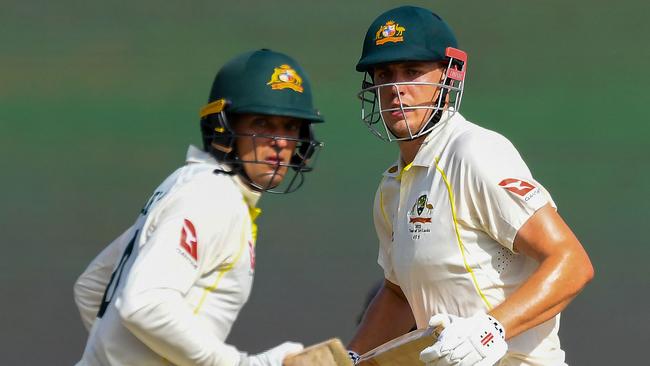 Some calm batting by Cameron Green and Alex Carey put Australia back in control in the first innings at Galle. Picture: AFP