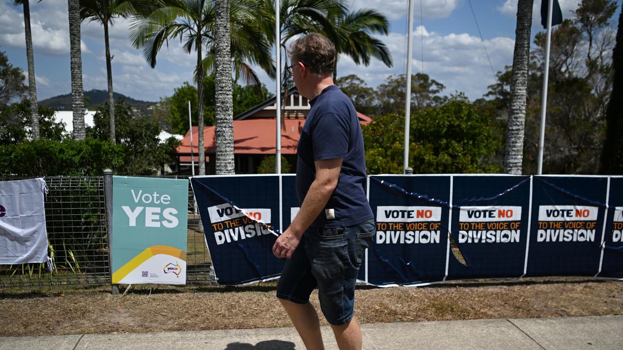 A man arrives at a polling place in Brisbane to vote in the Voice referendum. VOICEREF23 Picture: Dan Peled / NCA NewsWire