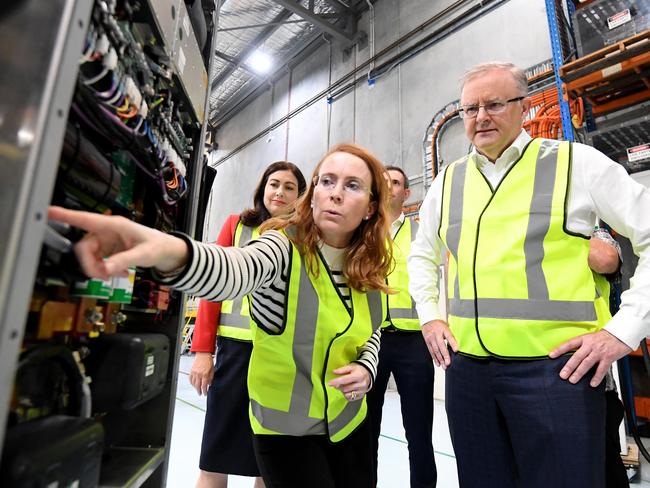 BRISBANE, AUSTRALIA - NewsWire Photos - FEBRUARY 10, 2021.Federal Opposition Leader Anthony Albanese listens to Tritium CEO Jane Hunter during a tour of the electric vehicle chargers manufacturer company in Brisbane. Mr Albanese is expected o make an announcement regarding industrial relations tonight. Picture: NCA NewsWire / Dan Peled