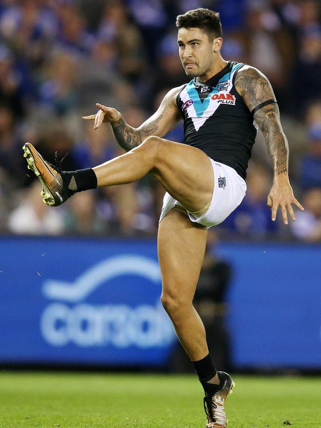 Port Adelaide's Chad Wingard kicks a goal. Picture: Michael Klein