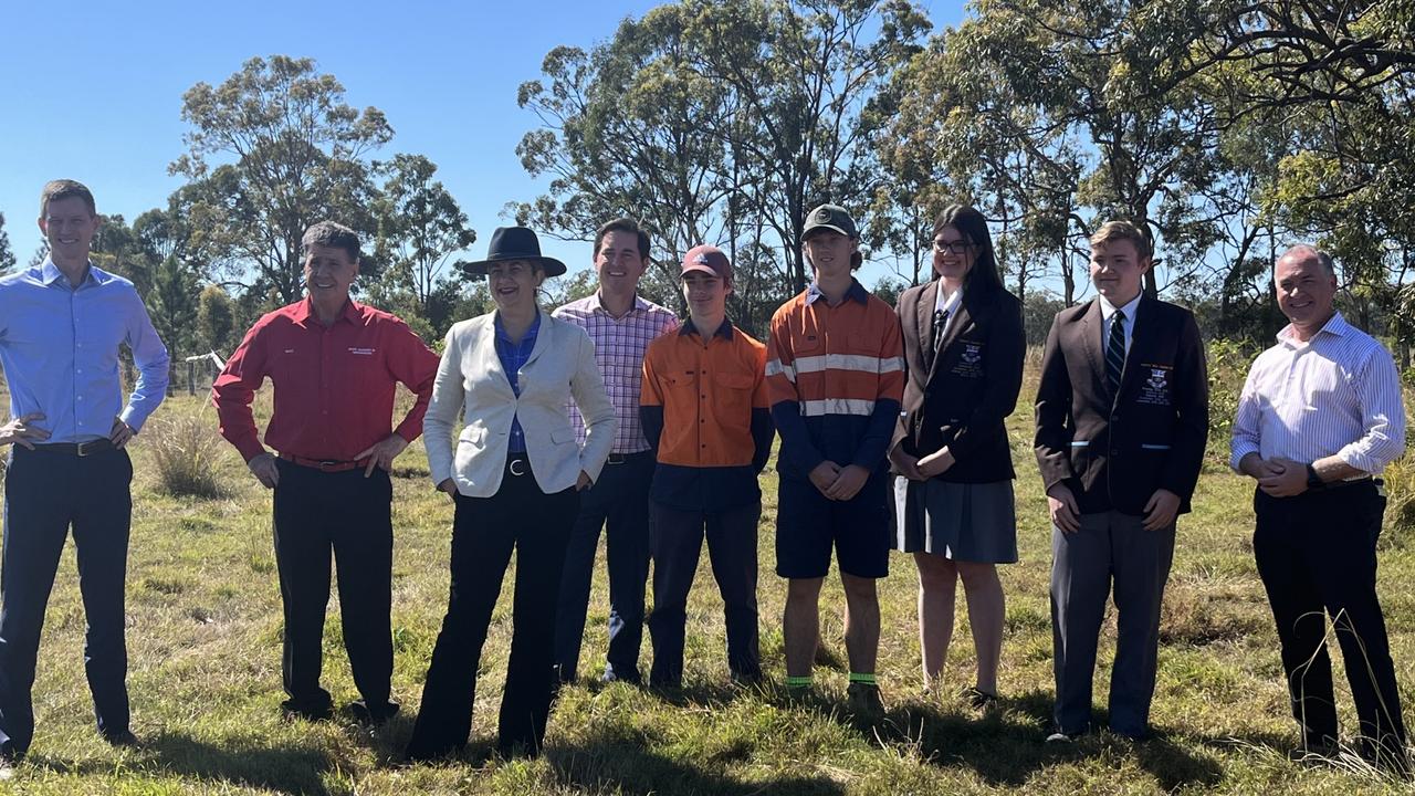 Premier Annastacia Palaszczuk with Maryborough MP Bruce Saunders, Transport Minister Mark Bailey, Hervey Bay MP Adrian Tantari and Fraser Coast Mayor George Seymour turn the sod at the site of the new $239 million Torbanlea train factory with the help of students from Maryborough State High School.