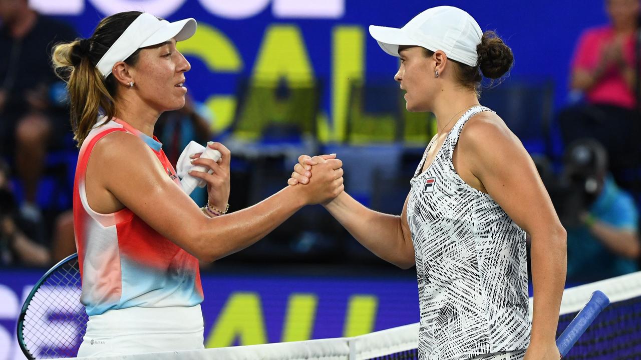 Ash Barty (right) greets Jessica Pegula at the net after their Australian Open quarter-final match. Picture: AFP