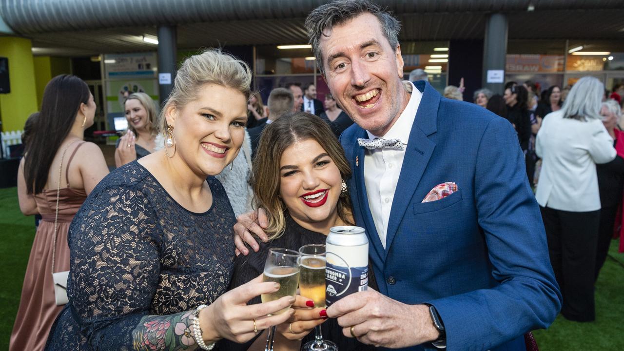 Tanaya Treadwell (left) with Miriam Spina and Dane McGuirk of SCA at the Focus HR Business Excellence Awards at Rumours International, Saturday, November 5, 2022. Picture: Kevin Farmer