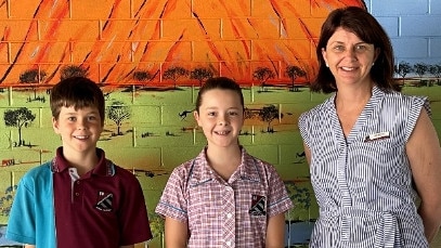 Grovely State School Captains Bryn, Myfanwy and principal Jane Newman