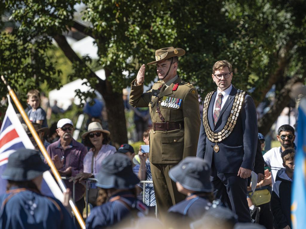 Brigadier Deane Limmer and Toowoomba Mayor Geoff McDonald during Toowoomba's Anzac Day mid-morning march to the Mothers' Memorial, Thursday, April 25, 2024. Picture: Kevin Farmer