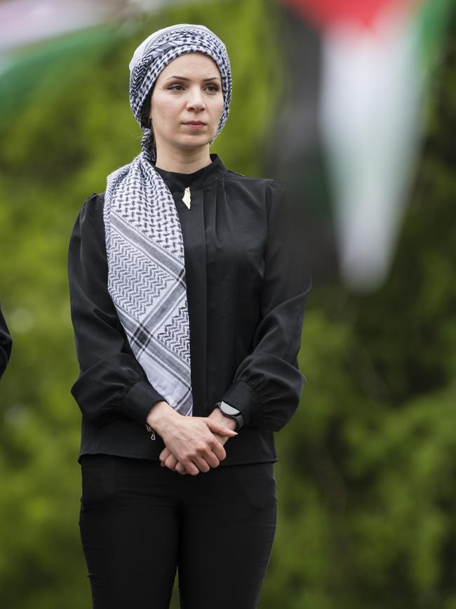 Toowoomba Vigil for Peace in Palestine organiser Rasha Abualhasan listens to a speaker at East Creek Park, Saturday, November 25, 2023. Picture: Kevin Farmer