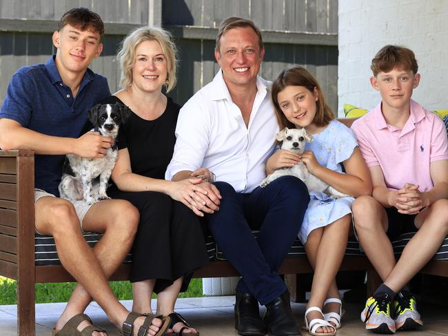 Premier Steven Miles at home with his family including wife Kim and kids Sam, Aidan and Bridie. Piture:s Adam Head