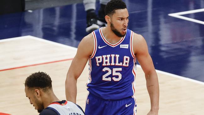 WASHINGTON, DC - MAY 31: Ben Simmons #25 of the Philadelphia 76ers celebrates during the first quarter against the Washington Wizards during Game Four of the Eastern Conference first round series at Capital One Arena on May 31, 2021 in Washington, DC. NOTE TO USER: User expressly acknowledges and agrees that, by downloading and or using this photograph, User is consenting to the terms and conditions of the Getty Images License Agreement.   Tim Nwachukwu/Getty Images/AFP == FOR NEWSPAPERS, INTERNET, TELCOS & TELEVISION USE ONLY ==