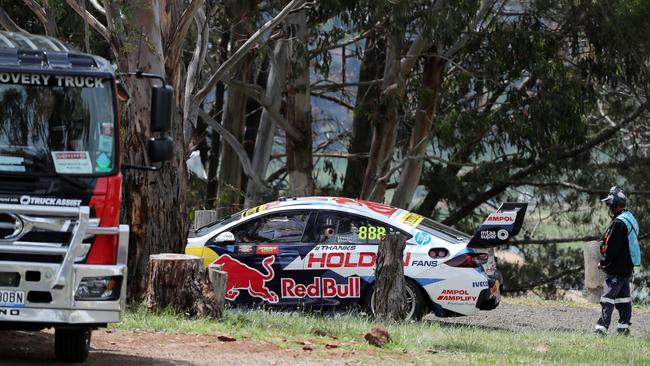 Jamie Whincup and Craig Lowndes' Redbull Holden Commodore parked up at the top of the mountain. Picture: Tim Hunter.