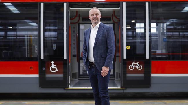 ACT Chief Minister Andrew Barr pictured at the Mitchell Light Rail Depot in Canberra. Picture: Sean Davey.