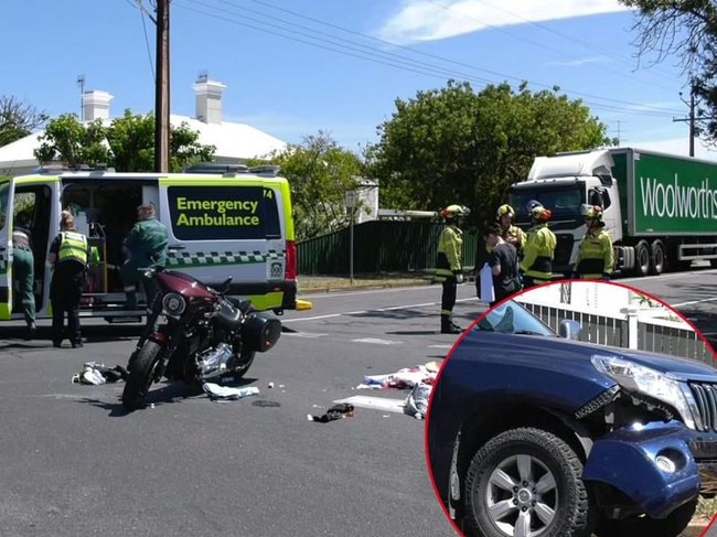 There has been a serious crash involving a car and motorcycle at Victor Harbor. The accident occurred at the intersection of Crozier Road and Lindsay Street. Picture: 7NEWS