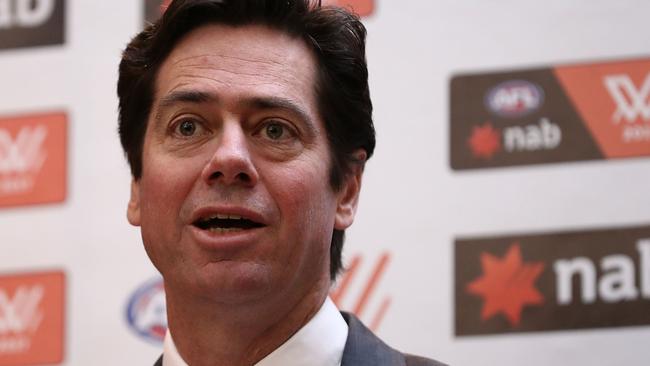 Gillon McLachlan, Chief Executive Officer of the AFL, announcing the AFLW teams that will compete as part of the league's expansion in September. Picture: Robert Cianflone/Getty Images.