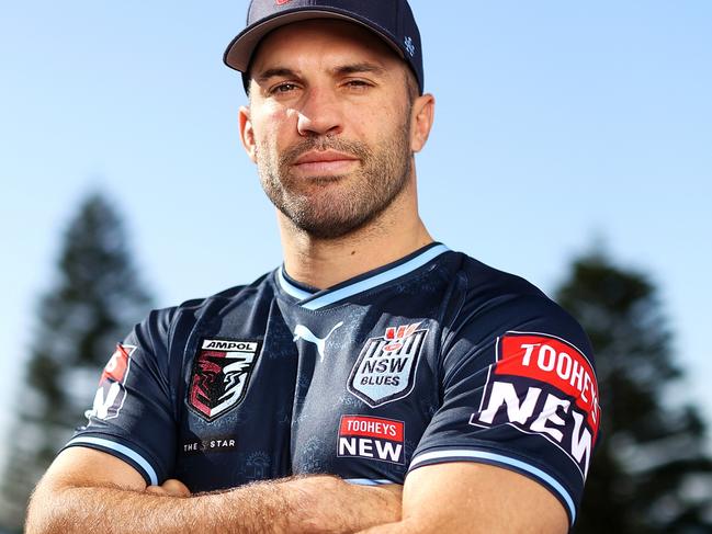 SYDNEY, AUSTRALIA - MAY 22: NSW Blues captain James Tedesco poses during a NSW Blues State of Origin Media Opportunity at the Crowne Plaza, Coogee on May 22, 2023 in Sydney, Australia. (Photo by Mark Kolbe/Getty Images)