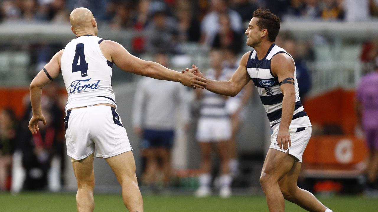 Luke Dahlhaus and Gary Ablett are thriving in Geelong’s selfless environment. Picture: AAP Images 