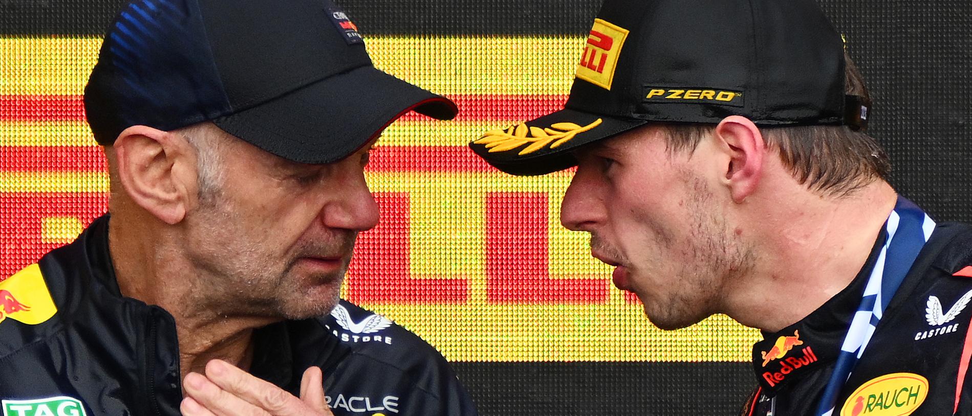 MONTREAL, QUEBEC - JUNE 18: Adrian Newey, the Chief Technical Officer of Red Bull Racing and First placed Max Verstappen of the Netherlands and Oracle Red Bull Racing celebrate on the podium during the F1 Grand Prix of Canada at Circuit Gilles Villeneuve on June 18, 2023 in Montreal, Quebec. (Photo by Clive Mason/Getty Images)