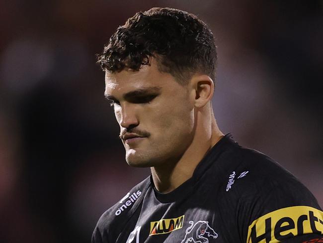 PENRITH, AUSTRALIA - MARCH 21: Nathan Cleary of the Panthers warms up ahead of the round three NRL match between Penrith Panthers and Brisbane Broncos at BlueBet Stadium on March 21, 2024 in Penrith, Australia. (Photo by Jason McCawley/Getty Images)