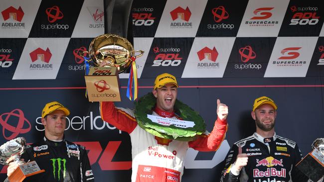 Cameron Waters, Scott McLaughlin and Shane van Gisbergen celebrate on the podium. Picture: AAP