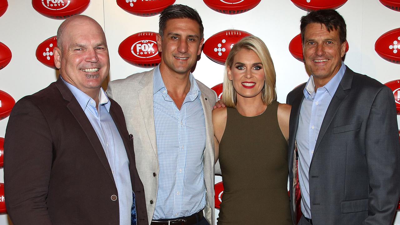 Jason Dunstall, Matthew Pavlich, Sarah Jones and Paul Roos at the 2018 Fox Footy season launch. Dunstall and Pavlich will help conduct a review of the Adelaide Crows. (Photo by Graham Denholm/Getty Images for FOX FOOTY)