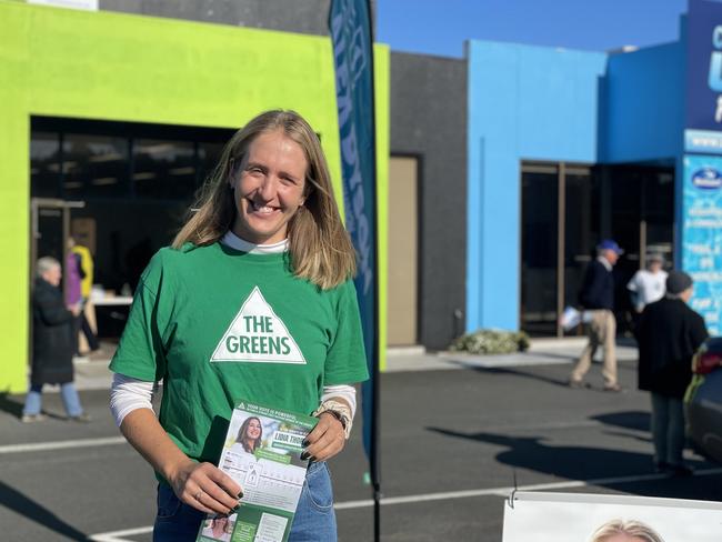 Greens candidate for Wannon Hilary McAllister at the Raglan Parade early voting booth.