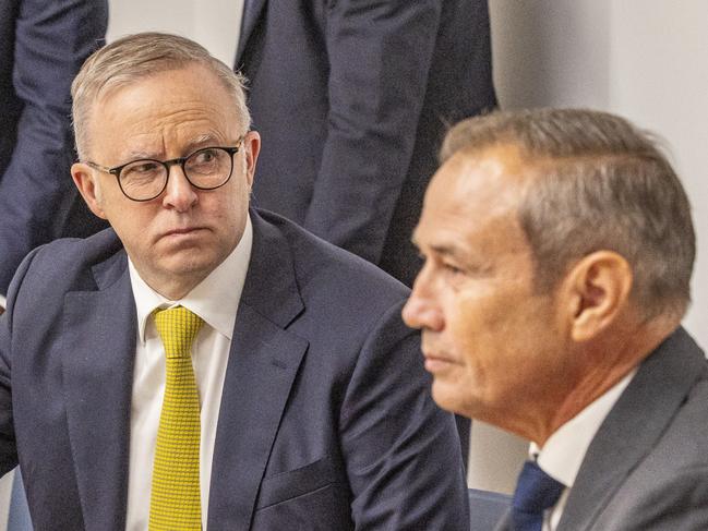 PERTH, AUSTRALIA. NewsWire Photos. 27 JANUARY 2025;Prime Minister Anthony Albanese and Premier Roger Cook at a private meeting with the Jewish community following the Holocaust Memorial in Yokine on Monday morning. Picture: POOL / NewsWire / Kelsey Reid