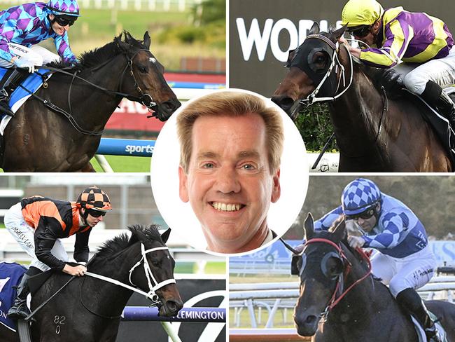 Ray Thomas (inset) is keen to see how Pride Of Jenni (top left) and Willaidow (top right) fare in feature races at Doomben today, while Cool Jakey (bottom right) and Ahuriri both have terrific winning chances at Royal Randwick.