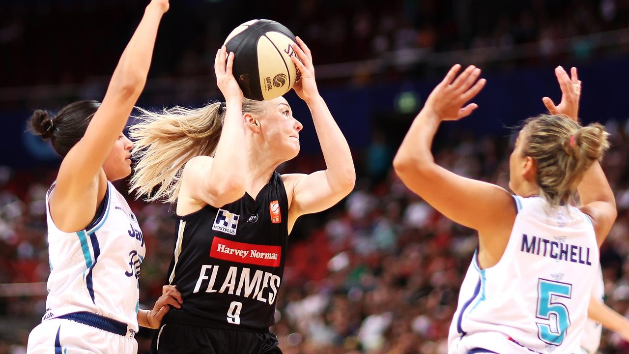 Tess Madgen of the Flames looks to pass during the WNBL match between Sydney Flames and Southside Flyers at Qudos Bank Arena, on February 18, 2024, in Sydney, Australia. (Photo by Mark Kolbe/Getty Images)