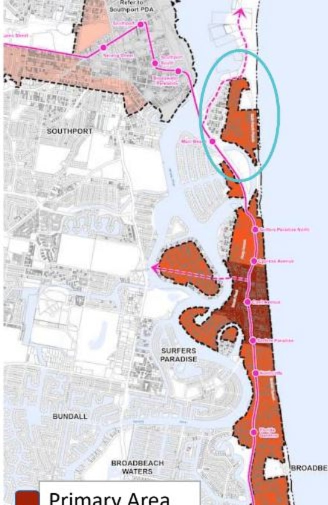 Light rail overlay map - presentation by the Main Beach Association showing impact on development in the suburb.