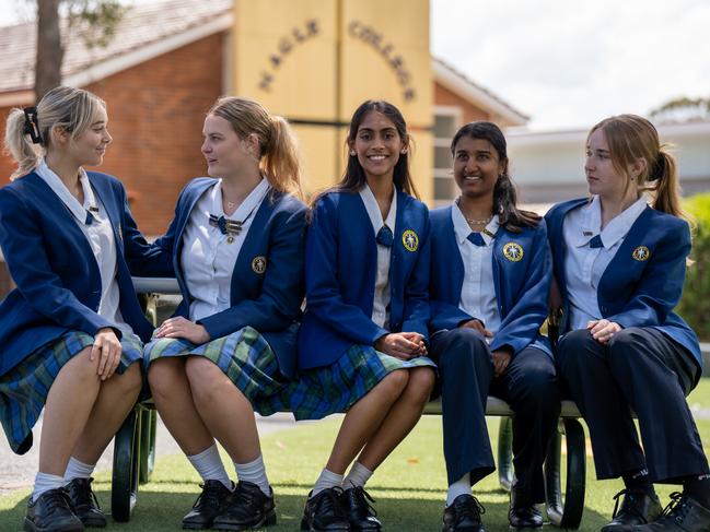 Nagle College Blacktown students Chloe Brown, Isabelle Grills, Theia Nadoda, Chena Shah and Kai McNamara said the exam was ‘surprisingly easy’. Picture: Stuart Matters