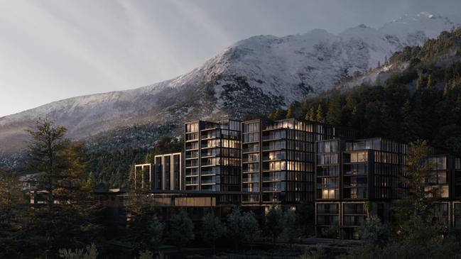 An artist’s impression of what Lakeview Te Taumata will look like, nestled at the base of snow-capped mountains.