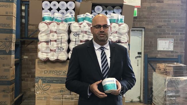 Canterbury Bankstown Mayor Khal Asfour speaks about the widespread theft of toilet paper rolls from public facilities. Picture: Lawrence Machado