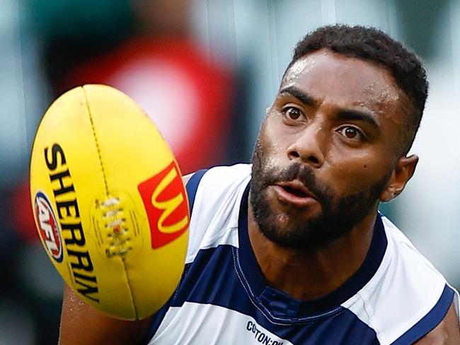 MELBOURNE - APRIL 10: Esava Ratugolea of the Cats in action during the 2023 AFL Round 04 match between the Geelong Cats and the Hawthorn Hawks at the Melbourne Cricket Ground on April 10, 2023 in Melbourne, Australia. (Photo by Michael Willson/AFL Photos via Getty Images)