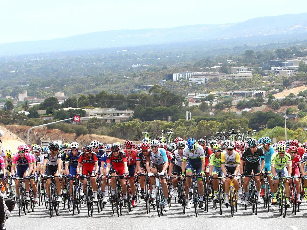 The peloton makes its way up the Southern Expressway. Photo: Sarah Reed.